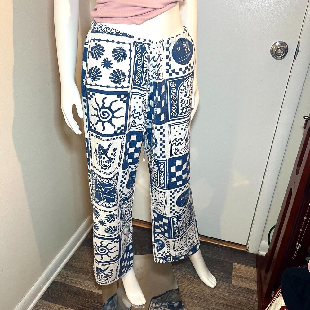 Cali 1850 Wide Leg Linen Pants M - Ocean Print Coastal Beach Sardine Euro Summer - Picture 2 of 8
